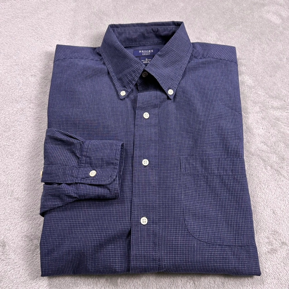 Brooks‎ Brothers Sport Mens Medium Blue Check Button Down Shirt 100% Cotton Prep